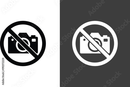 Essential universal vector icon set displaying the "No Photography" sign, clearly prohibiting the use of cameras and recording devices in private or restricted public zones.