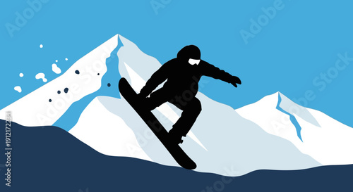 A silhouette of a snowboarder in action against a backdrop of snow-capped mountains and a clear blue sky.
