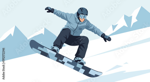 A snowboarder in mid-air performing a trick on a snowy mountain slope, wearing a helmet and goggles.