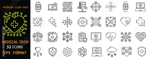 Medical technology line icon set. Digital healthcare and smart health outline symbols collection. Telemedicine, health monitoring and medical innovation vector pack.