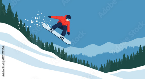 A snowboarder in a red jacket performs a jump on a snowy slope surrounded by pine trees and mountains.