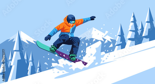 A snowboarder in mid-air, performing a jump on a snowy mountain slope with pine trees in the background.