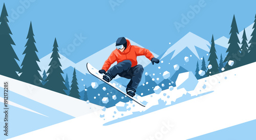 A snowboarder in an orange jacket performs a jump on a snowy mountain slope, kicking up powder.