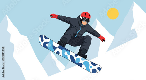 A snowboarder in mid-air performing a trick against a backdrop of snowy mountains and a bright sun.