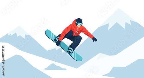 A snowboarder in a red jacket performs a jump with snow-covered mountains in the background.