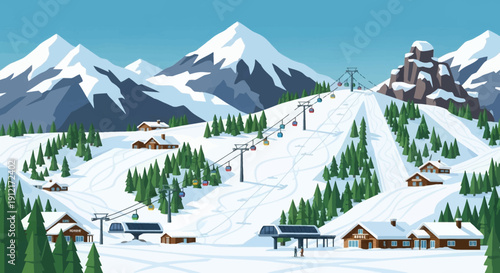Vibrant cartoon illustration of a bustling winter ski resort with snow-covered mountains, pine forests, ski lifts, and cozy cabins under a clear blue sky.