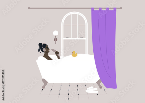 In a cozy bathroom, a person enjoys a blissful moment, singing with delight in a shower head, while soaking in a luxurious bathtub surrounded by soft colors and gentle lighting.