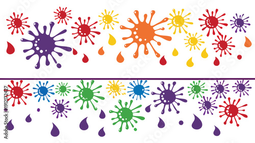 A colorful border of paint splatters on a white background Vector