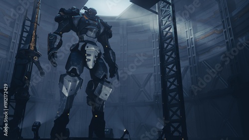 Obraz na płótnie Cinematic 3D render of a full-body grey mecha samurai in a high-tech hangar