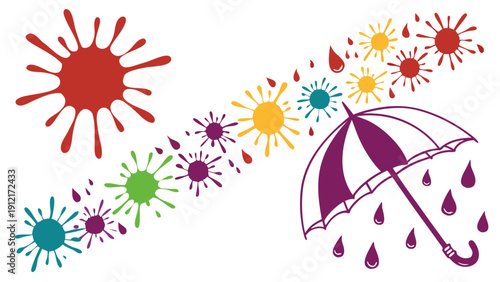 A colorful umbrella with raindrops and sun Vector