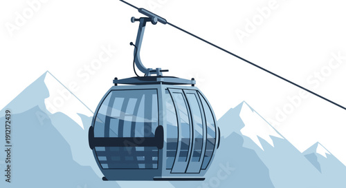 A modern cable car cabin suspended by a wire against a backdrop of snow-capped mountains and a clear sky.