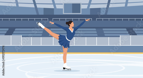 A female figure skater in a blue dress performing a graceful pose on an ice rink in a large arena.
