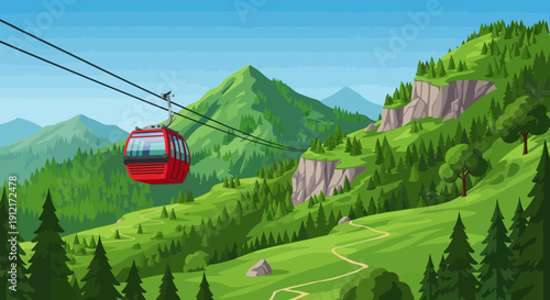 A vibrant red cable car ascends a lush green mountain slope, offering scenic views of rolling hills and a winding path below.