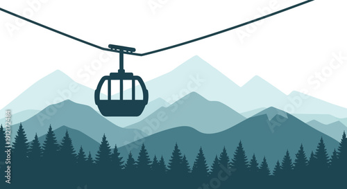 Cable car moving across a serene mountain landscape with layered peaks and a dense pine forest below, vector illustration.