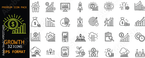 Premium growth and business success icon set. Line style finance, analytics and startup symbols for marketing, investment and performance tracking. Clean vector icons in EPS format.