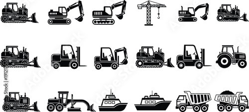 Construction vehicle silhouette collection with excavators, bulldozers, cranes, forklifts, tractors, ships, and dump trucks in black vector set