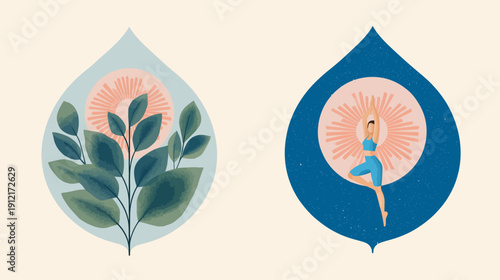 Wellness and nature concept illustration with woman meditating in yoga pose and green leaves in unique leaf shapes, promoting balance and growth.