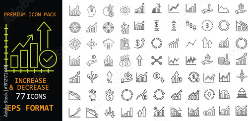 Premium increase and decrease icon set. Line style charts, arrows and finance symbols for analytics, statistics and business reporting. Clean vector icons in EPS format.