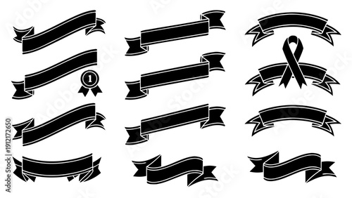 A collection of black ribbons and banners on a white background Vector