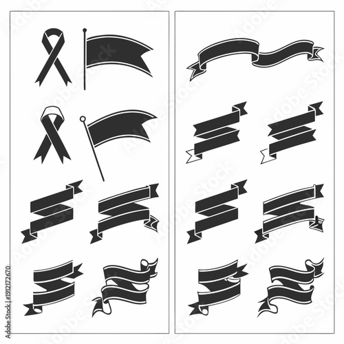 A collection of black ribbon and flag icons Vector