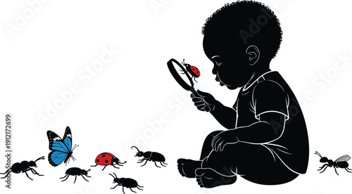 Curious child silhouette examining insects with magnifying glass, childhood learning, discovery, nature exploration, and early education concept illustration