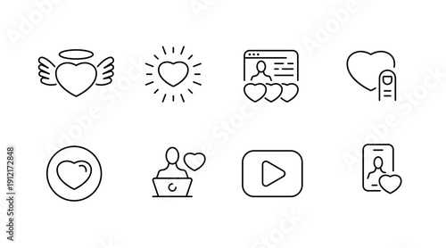 Heart-themed icon set including angelic, sunburst, profile, and multimedia symbols