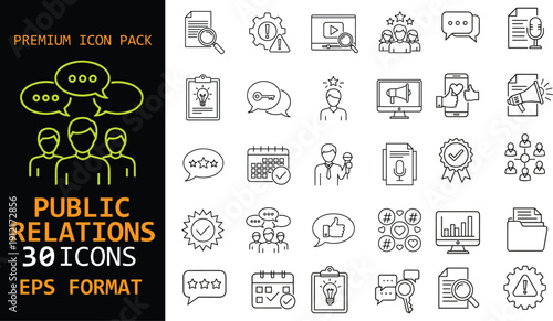 Public relations premium icon pack. Communication, marketing, branding and media symbols. Professional outline vector icons for business strategy, social engagement and corporate promotion.