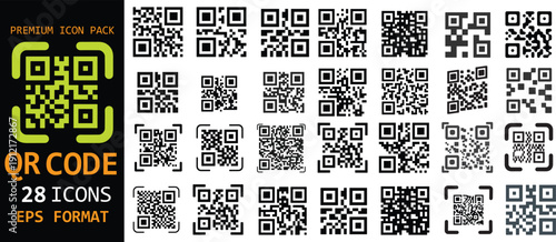 QR code premium icon pack. Scan symbols, digital payment and mobile access designs. Clean vector QR icons for apps, marketing, tickets and secure authentication.