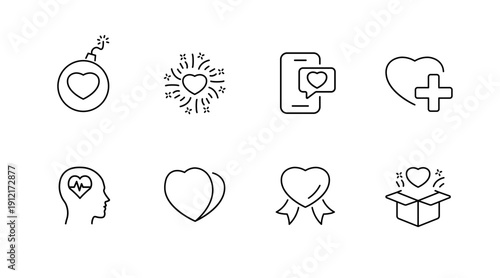 Set of heart and love icons featuring bomb, chat, health, and gift symbols