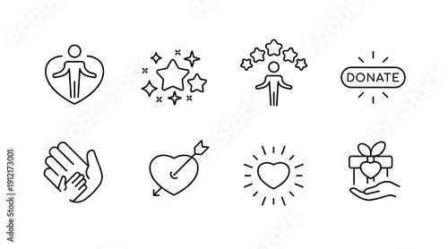 Charity and appreciation icons: heart, donate, star, hands, gift