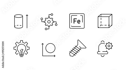 Set of engineering and physics icons including gear, graph, and screw