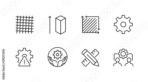 Minimalist black line icons for engineering and design concepts