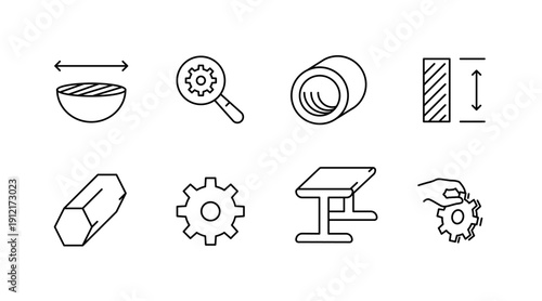 Linear vector icons: magnifying glass, gear, table, hand, arrow symbols
