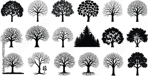 Decorative tree silhouette collection with roots, leafless branches, and stylized shapes isolated on white background for vector design, illustration, and branding use