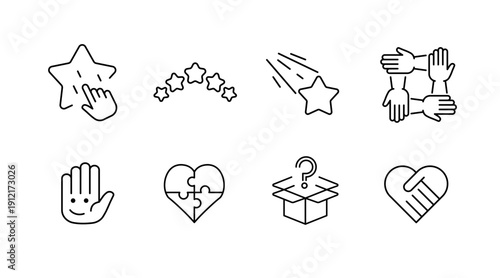 Minimalist star, handshake, and puzzle icon set