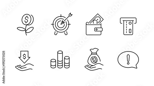 Minimalistic financial icons: money flower, target, wallet, atm, savings, coins, bag, alert