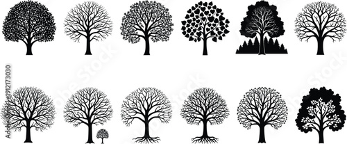 Decorative tree silhouette collection with artistic shapes, roots, and heart leaf design isolated on white background for vector illustration and creative branding use