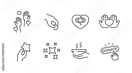 Set of line icons for charity: hearts, helping hands, donation, support symbols