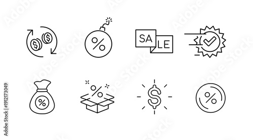Minimalist finance icons: currency exchange, discounts, sales, and more