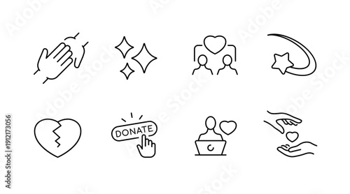 Minimalist icons: applause, sparkles, community, shooting star, broken heart, donate, support, care