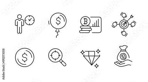 Finance and investment icons: dollar, bitcoin, target, diamond, money bag