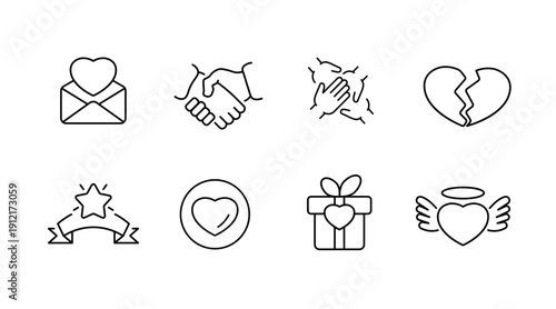 Minimalist love and relationship icons: heart, handshake, gift, broken heart
