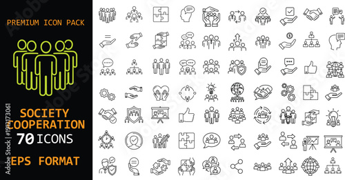Society cooperation premium icon pack. Community, teamwork and collaboration symbols in outline style. Clean vector icons for social projects, leadership concepts and organizational development.
