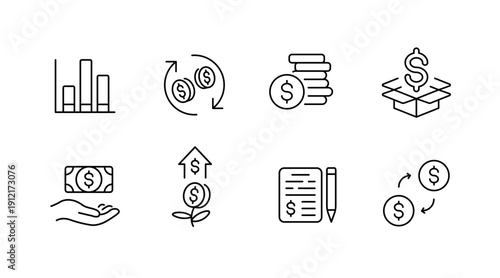 Financial icons set: charts, currency exchange, growth, transactions