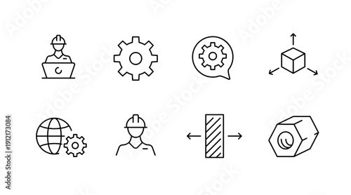 Engineering and technology icons set with gear, cube, and construction elements