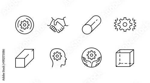 Vector icons of gears, handshake, human head, cylinder, 3d cube, and hands holding gear set