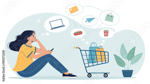 Woman thinking while sitting with shopping cart and mobile phone