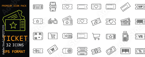 Ticket premium icon pack. Event, cinema and concert line symbols. Barcode, QR code and admission tickets. Clean outline EPS vector set.