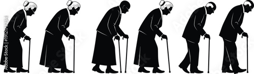 Sequential black and white vector illustration showing the aging process of an elderly man walking with a cane over time.
