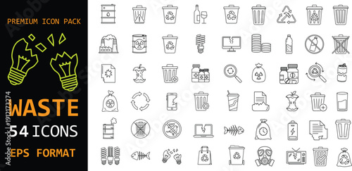 Waste management premium icon pack. Recycling, garbage sorting and eco waste line symbols. Environmental protection outline vector set in EPS format.